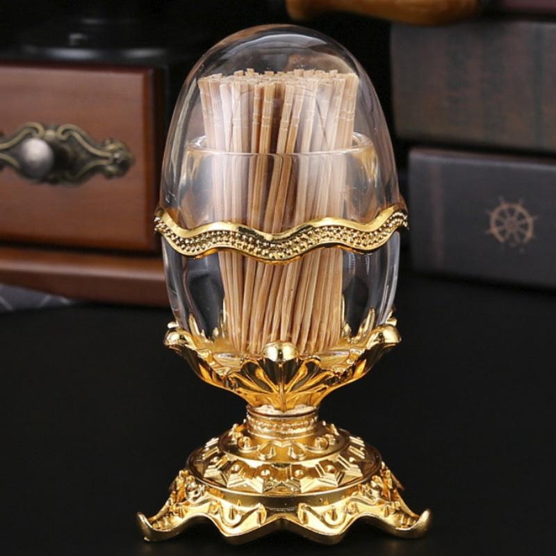 Automatic Push-type Toothpick Box Transparent Egg Shaped Alloy Toothpick Holder Dresser Organizer Decoration Friend Unique Gift