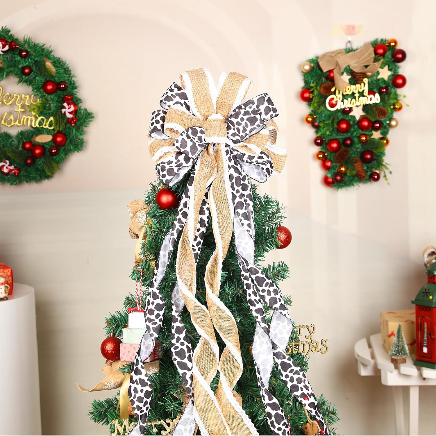 Cow Print Christmas Tree Topper Bow, Rustic Cow Farmhouse Ox Christmas Wreath Bow, Black and White Decorative Large Gift Bow, Xmas Hanging Ornament