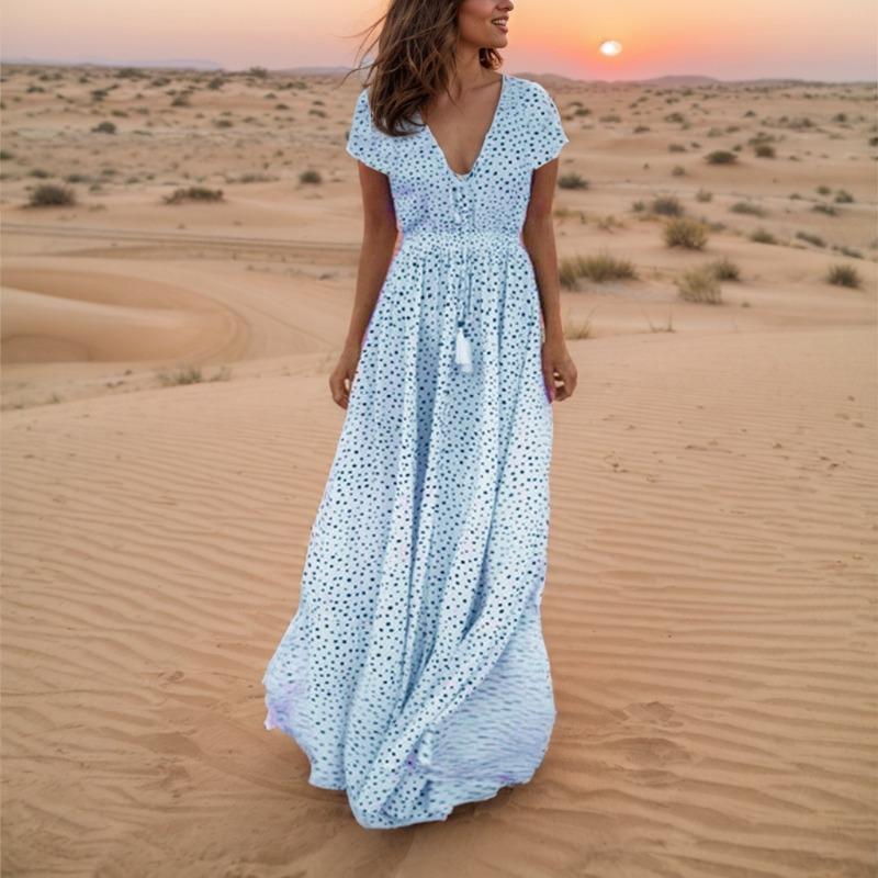 Eleganta vara cu decolteu in V maneca scurta Rochie lunga Holiday Beach Rochie Boho cu buline
