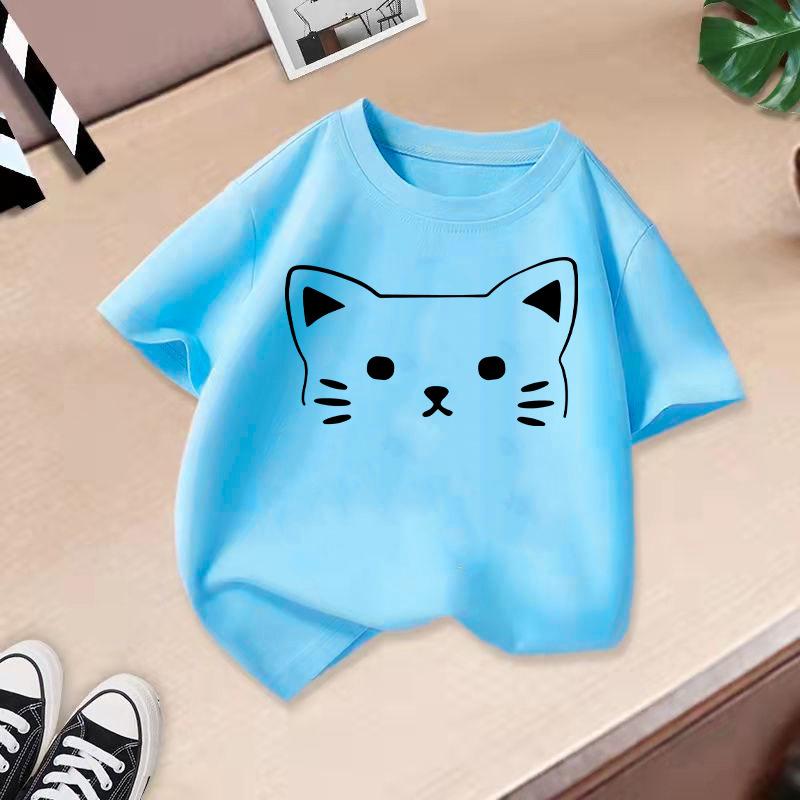 Summer Cute Cat Animal Print Round Neck Short Sleeved Tee Shirt for Boys and Girls Fashionable and Simple Children's T-shirt