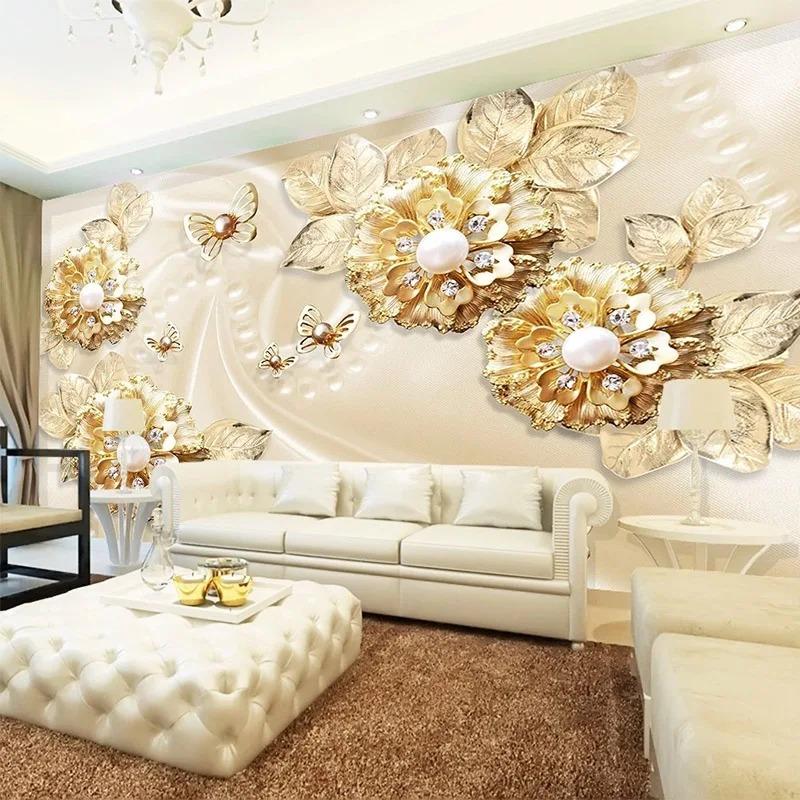 3d Stereo Luxury Photo Wallpaper Golden Flower Jewelry Murals Living Room Tv Background Wall Mural Home Decor