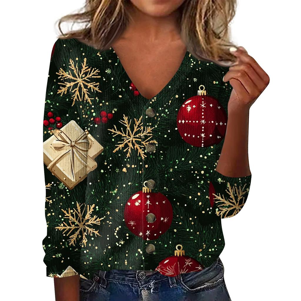 Women's Fashion Print Long Sleeve Knitted Cardigan Button Up Jacket