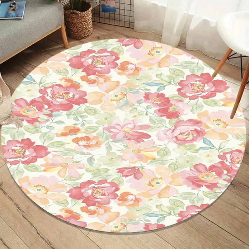 Vintage Garden Floral Round Area Rug, Watercolor Pink Flower Print Carpet, Non-Slip Bedroom Floor Mat, Cottagecore Home Decor