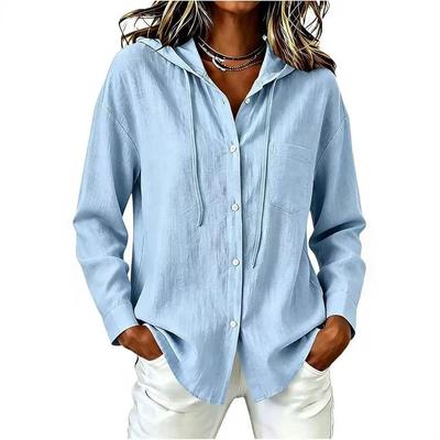 Damen Einfarbiges Baumwoll-Leinen Kapuzenshirt, Modische Langarm Freizeitbluse für Frühling Herbst Tägliches Tragen