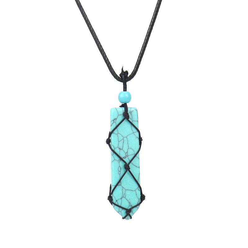 Hand-Woven Natural Stone Crystal Amethyst Sword-Shaped Mesh Pocket Pendant Necklace N578