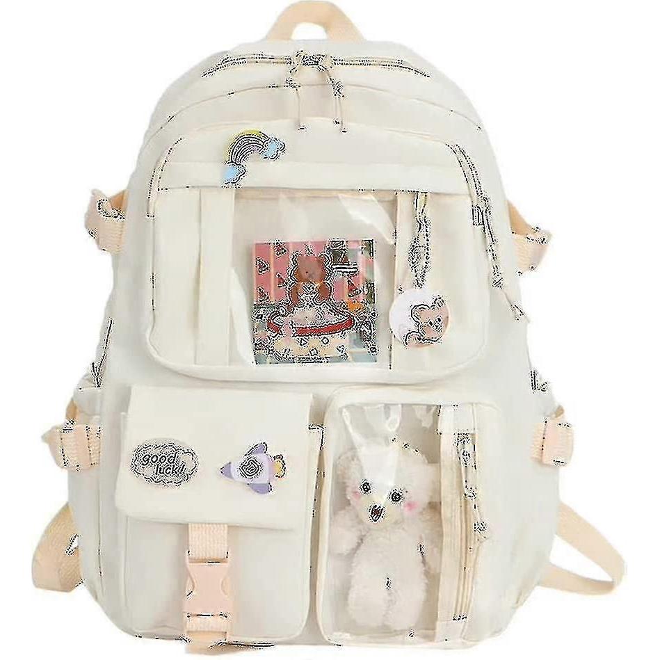 Aesthetic School Bags With Kawaii Pin And Cute Accessories Kawaii Backpack For Teen Dirls (white)