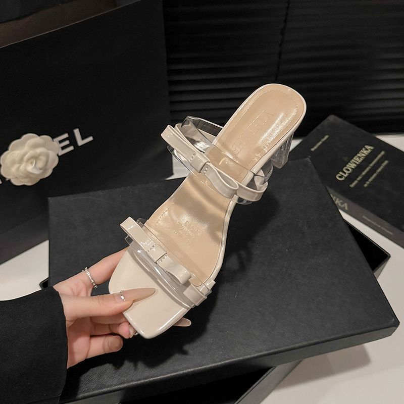 Fashion Versatile Skirt Square Root Cool Slippers French High-end Bow One-word Slippers Women's 2025 Autumn New Models