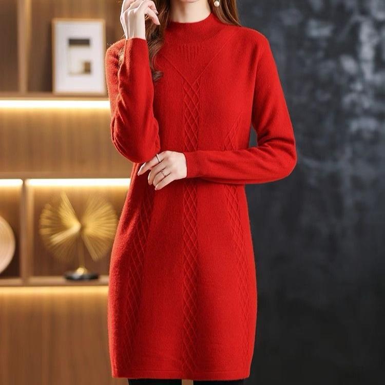 Mid-length Sweater for Women In Autumn and Winter Thickened Long-sleeved Pullover and A Solid-color Casual Knitted Sweater Dress