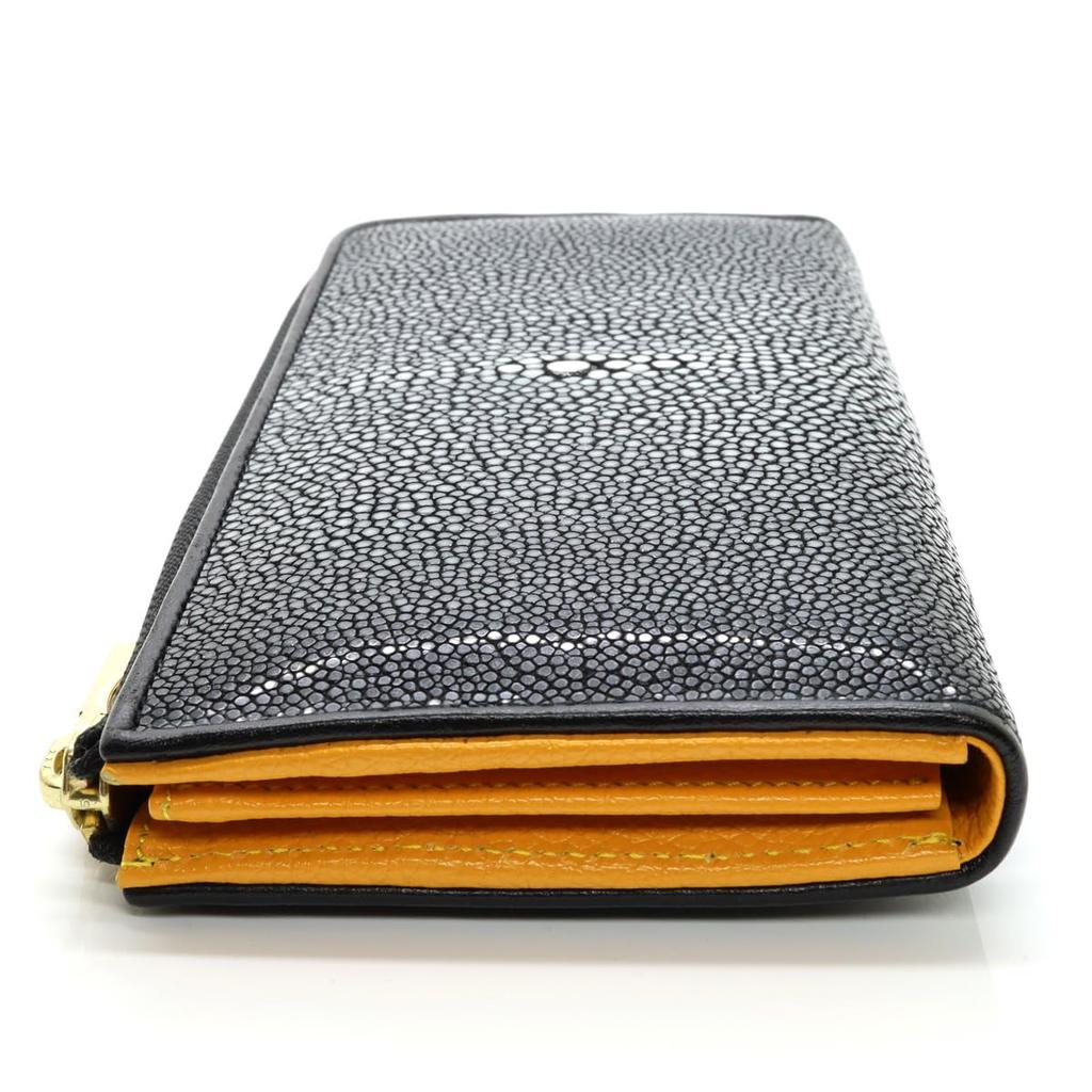 Stingray Leather Long Wallet Wallet YKK Zipper Leather Garusha Stingray Black Inside Orange Genuine Leather Bicolor [Levetta] L-shaped Men's Women's