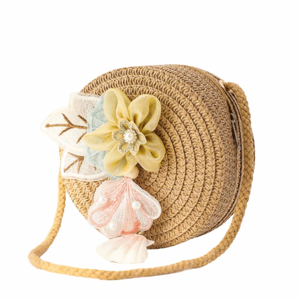 

Round Shape Straw Bag Flower Handmade Mini Handbag Creative Design Crossbody Style Children Shoulder Bag Children Girls