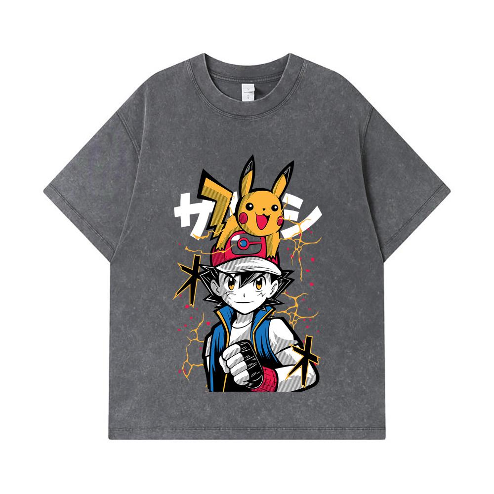275 GSM Gewaschene T-Shirts 100% Baumwolle Pokemon V2 Ash Print Unisex Schweres Baumwoll-T-Shirt