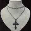 Charm Gothic Black Hollowed-out Cross Pendant Double Layer Black Beaded Necklace for Women Halloween Party Vampire Jewelry Gifts