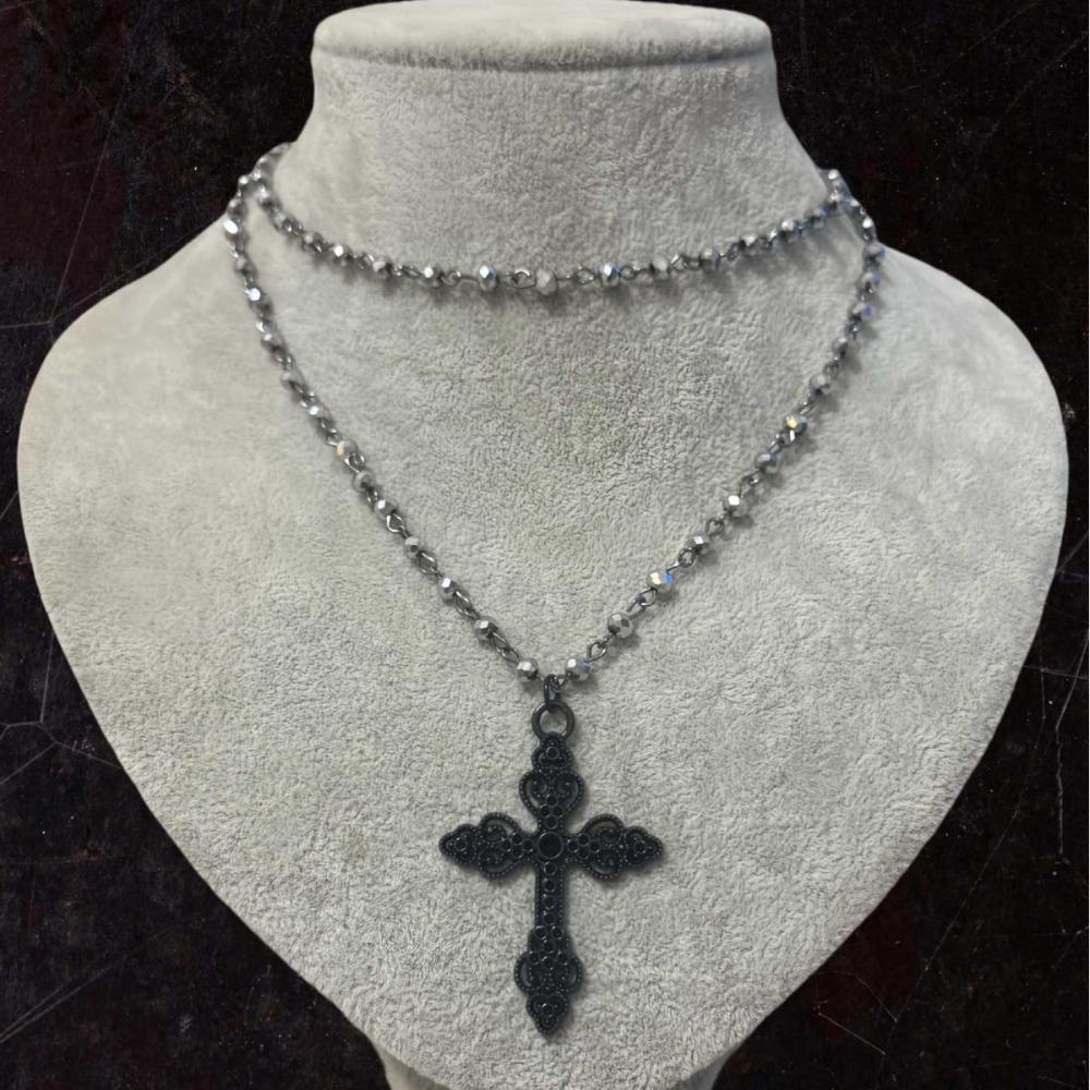Charm Gothic Black Hollowed-out Cross Pendant Double Layer Black Beaded Necklace for Women Halloween Party Vampire Jewelry Gifts