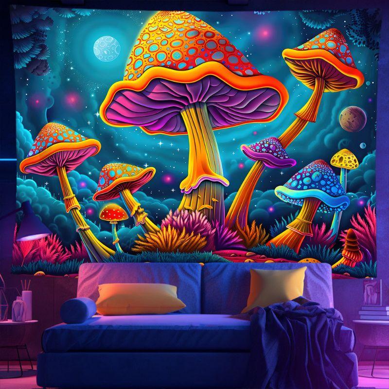 Blacklight Mushroom Galaxy Tapestry Wall Hanging for Bedroom Gaming Room Party UV Reactive Psychedelic Decor 100X70CM