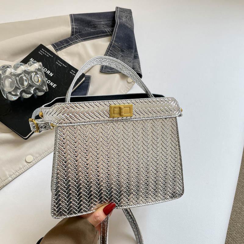 Women Fashion Woven Lock Buckle Small Square Shoulder Crossbody Handbag