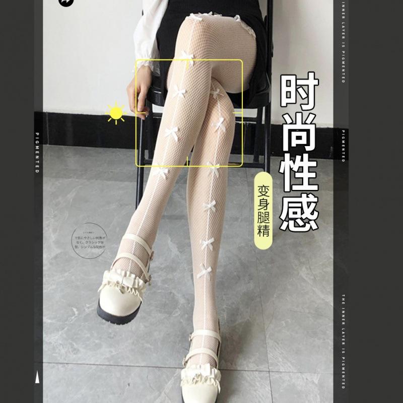 

Black bow fishnet socks women s thin babes jk pantyhose hollowed leopard print one-piece socks black stockings One size