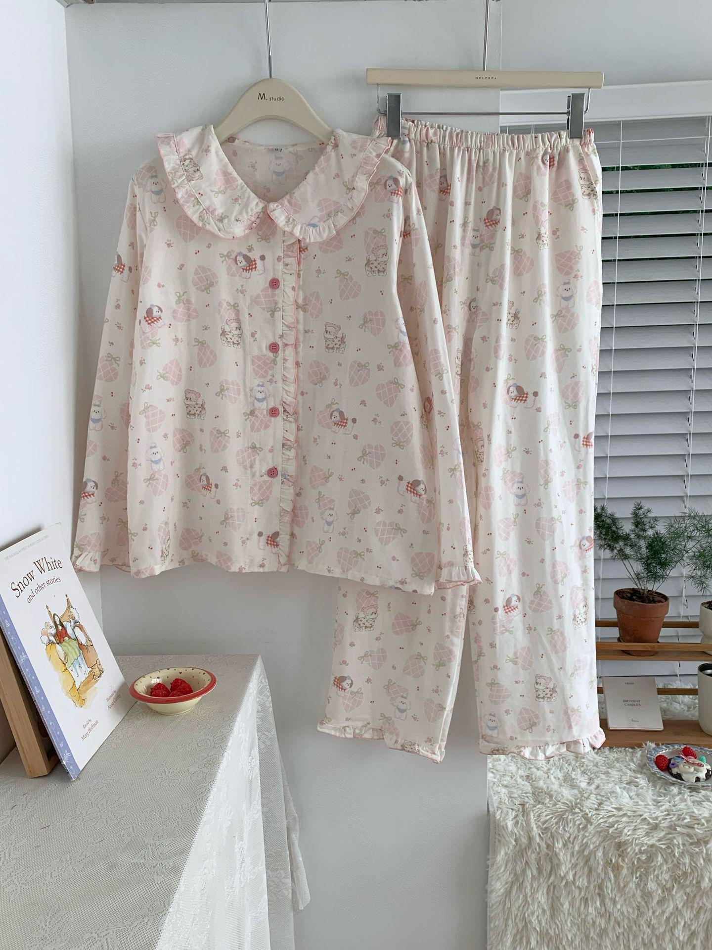 

Пижамный комплект из чистого хлопка, двойной марли, с принтом сердечек и собачек, с оборками и воротником Питер Пэн M (up to 115 Jin)