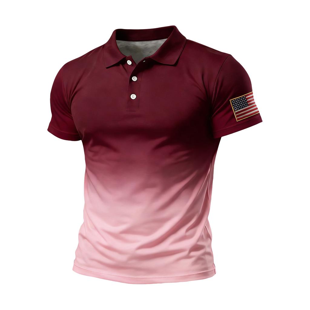 Men Short Sleeve Polo Shirt Gradient Design Button Up Flag Patch Classic Fit Comfortable Top