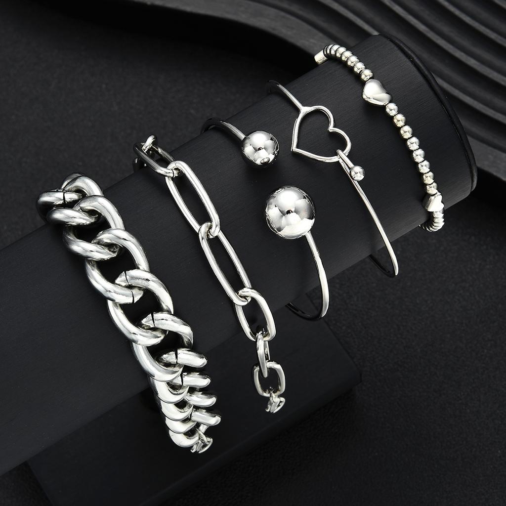 5pcs Vintage Exaggerated Minimalist Heart Bracelet Set Boho Chunky Silver Color Thick Chain Bead Bracelets For Women Jewelry New