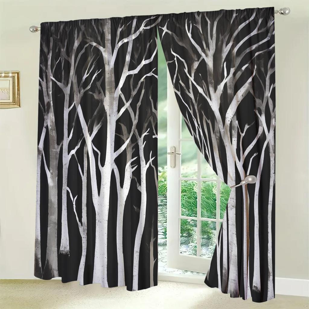2 szt. Zasłona z nadrukiem wzoru brzozy srebrnej do dekoracji domu - Kieszeń na karnisz, dekoracja okienna do sypialni, biura, kuchni, salonu