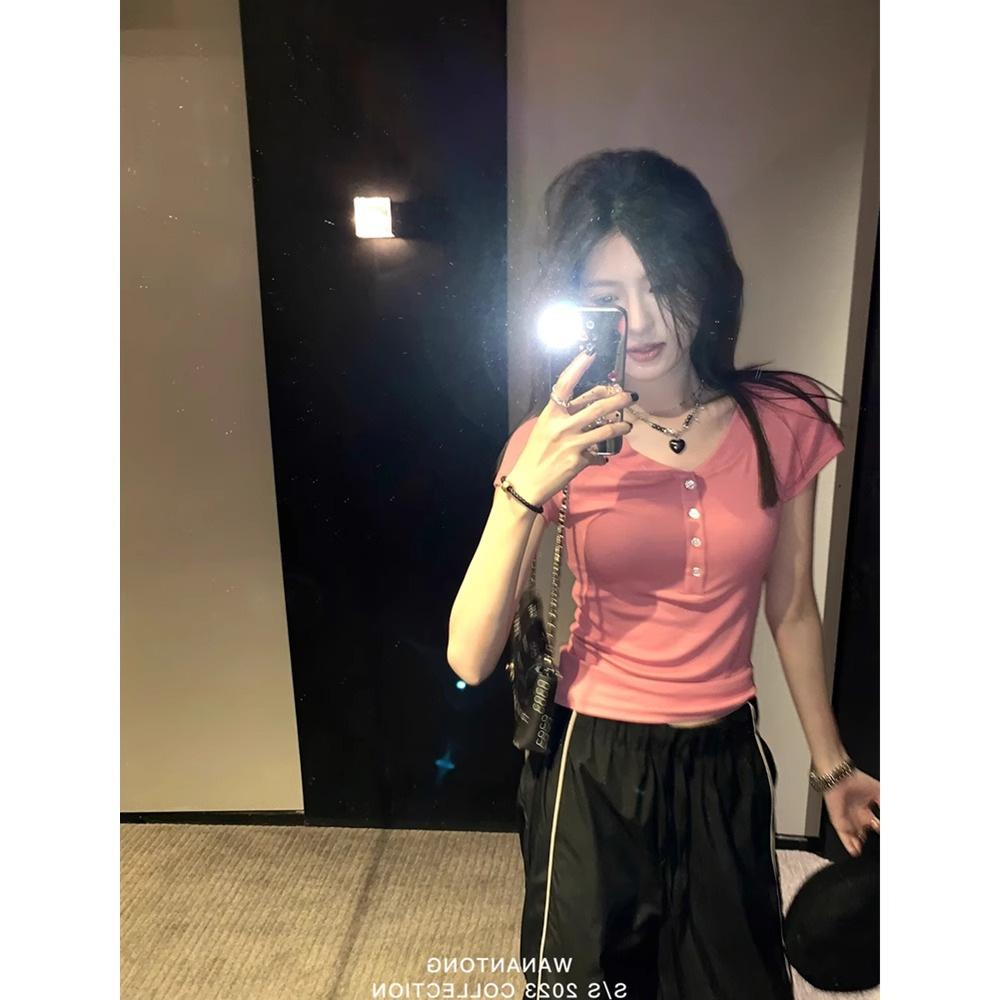 ins niche fashion slim-fit front shoulder short-sleeved T-shirt summer new thin breasted design round neck top women