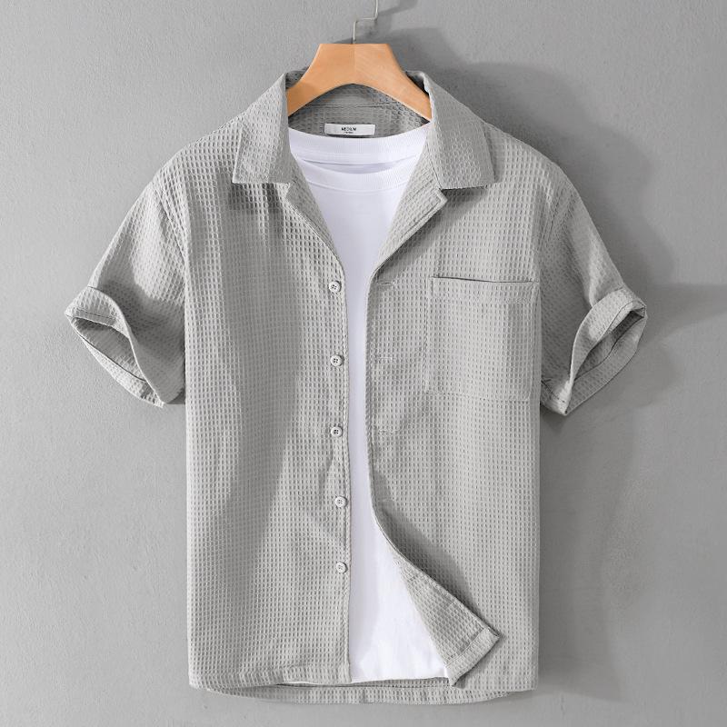 Men's Summer Waffle Short Sleeve Cuban Collar Shirt - Trendy, Comfortable, Versatile
