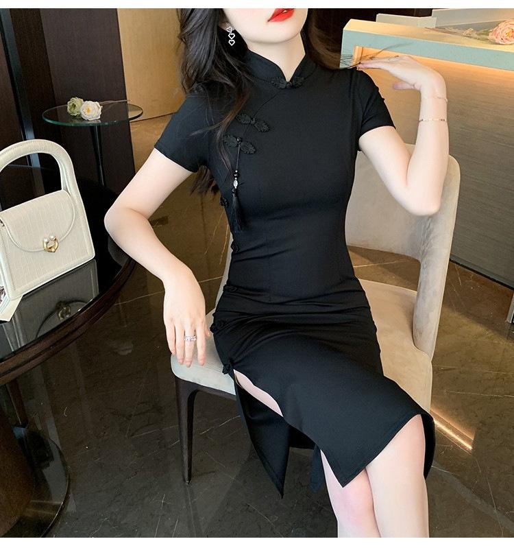 Feeling retro new Chinese style improved cheongsam women's summer black split-ended hip skirt national style fringed disc buckle dress