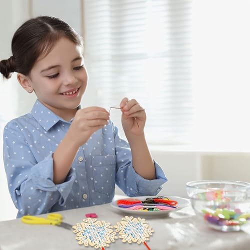 PIujsym Christmas Cross Stitch Kit for Kids - 12 Wooden Ornaments Embroidery Set with Thread, Needles & Ribbons, Creative DIY Craft Sewing Kit