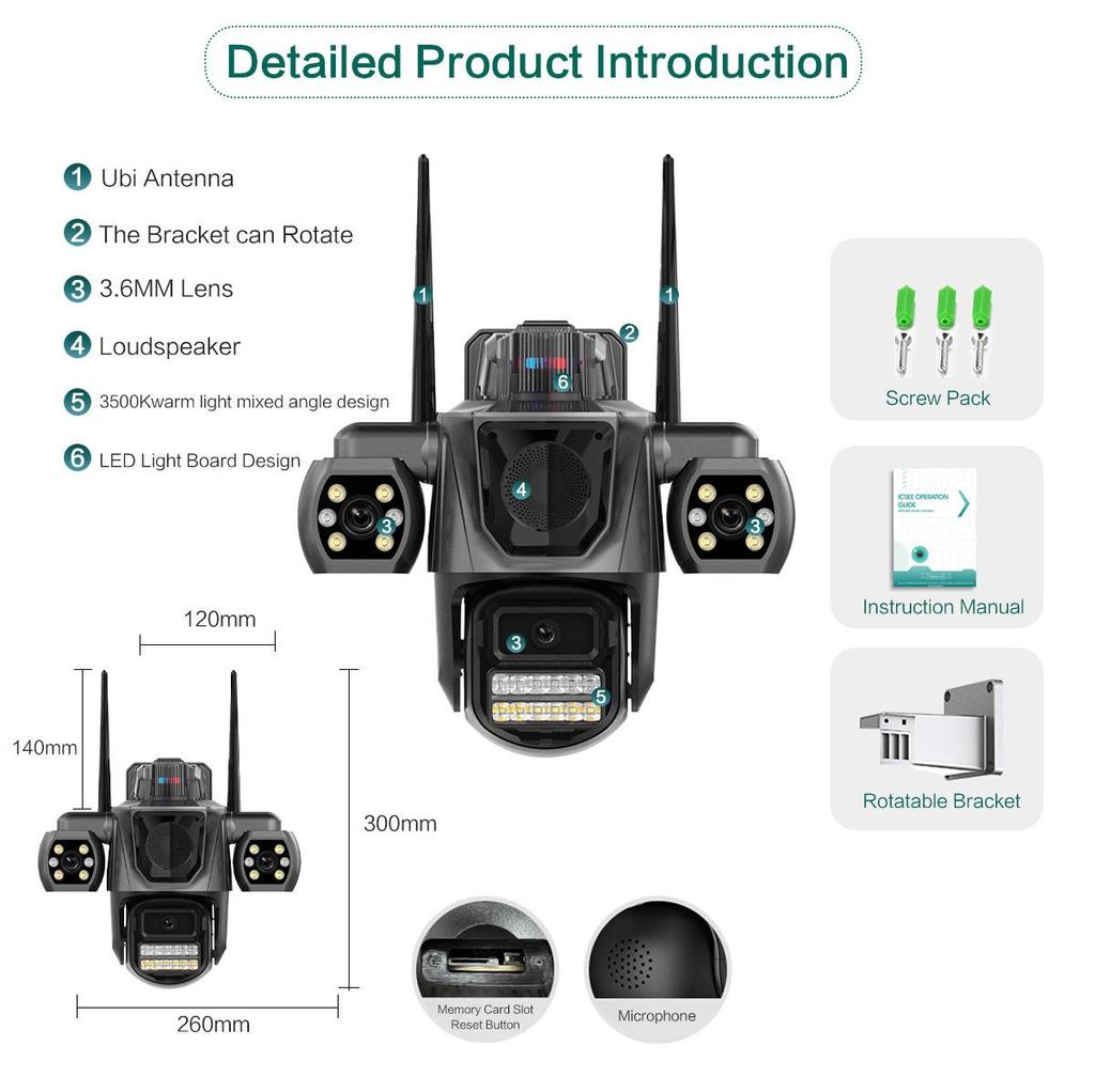 Icsee 9MP Wireless Triple-Lens Outdoor WiFi Camera with Triple-Screen Display.
