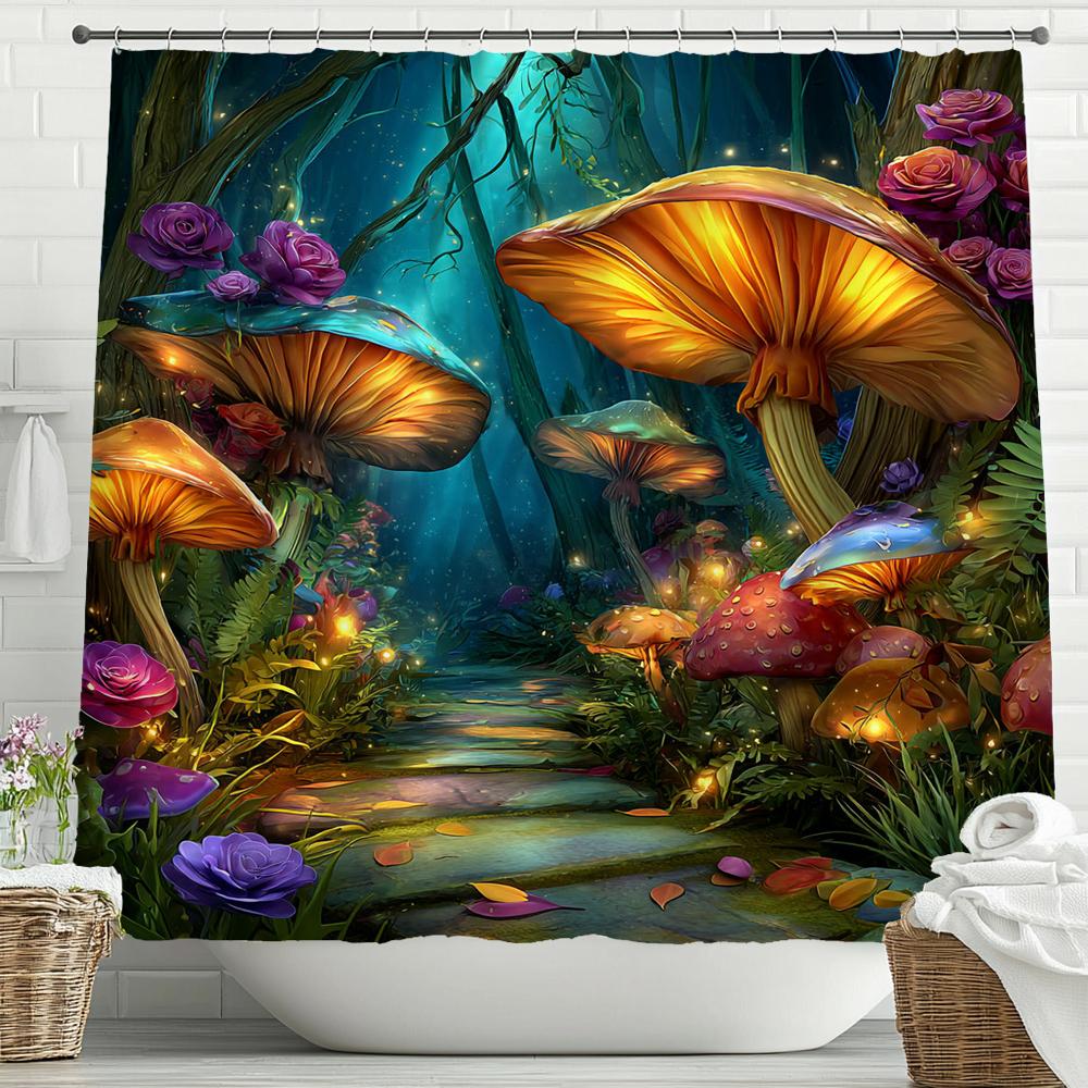 Fairy Tale Forest, Mushroom House Shower Curtain, Bathroom Decorative Shower Curtain, Waterproof Shower Curtain with Hooks
