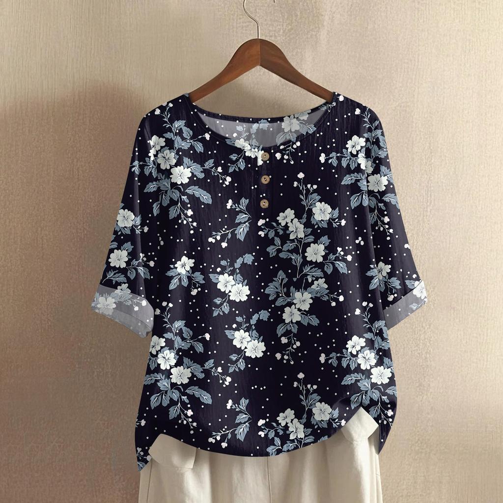 Women's Fashionable And Casual Shirt Half-sleeve Round Neck Print Blouse Top
