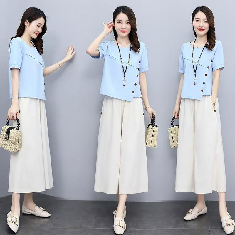 

2026 Summer Women s Internet Celebrity Loose Casual Two-Piece Set: Comfortable, Fashionable, and Simple Temperament Suit 3XL небо синє кольору