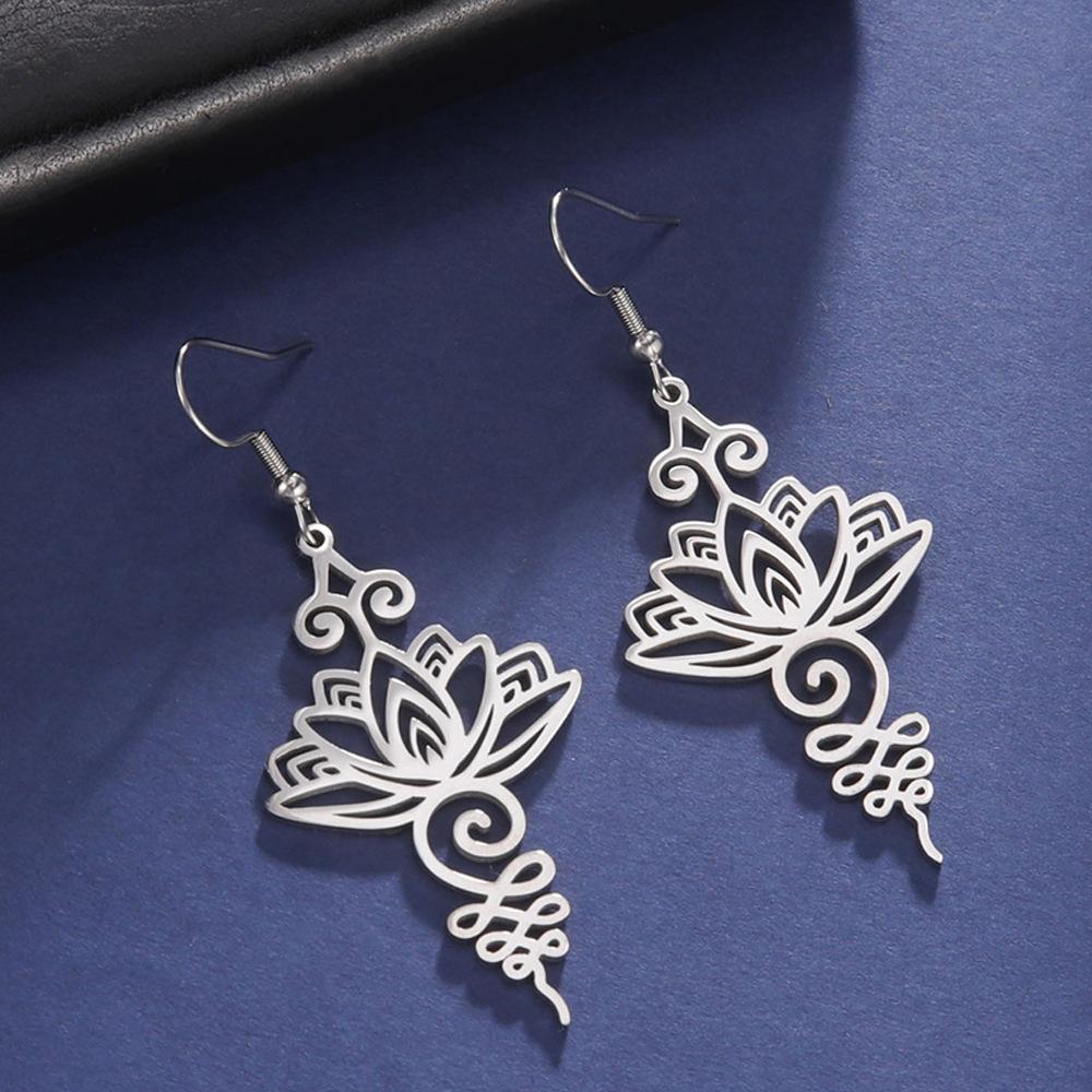Simple Titanium Steel Earrings With Hollow Lotus Pendant For Women