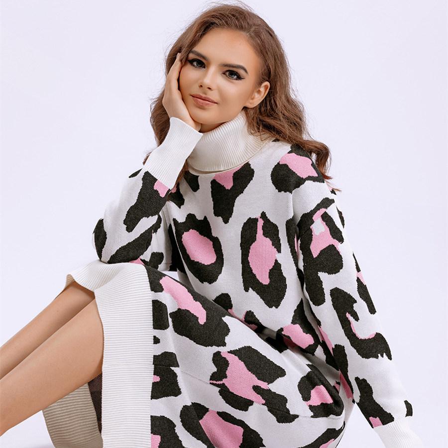 Høst Vinter Kvinner Lang Høy Krage Bunn Strikke Kjole Leopard Print