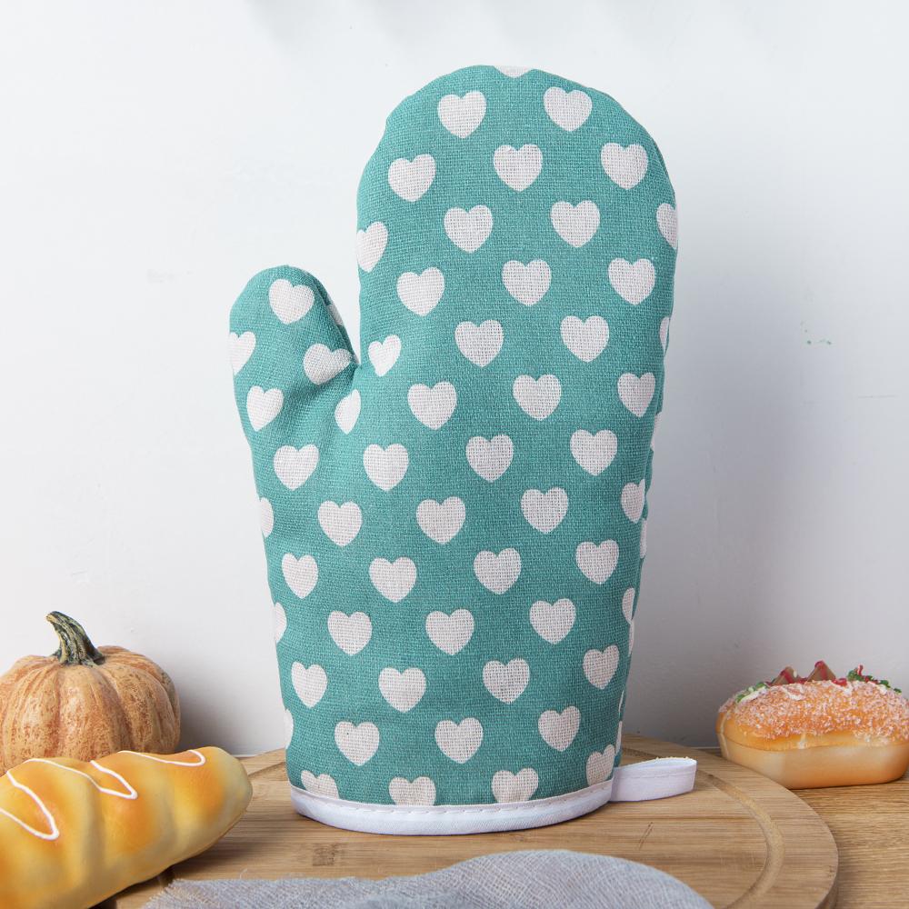 1PC Cotton And Linen Heart Printed Microwave Oven Gloves For Household Kitchen, Thickened Heat-Resistant Gloves