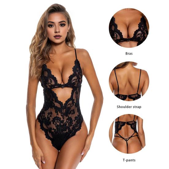 Women Sexy Bodysuit Low-cut Backless Sleeveless Thin See-through Lace Deep V Neck Flower Embroidery Spaghetti Strap Skinny Lady Wedding Night Playsuit