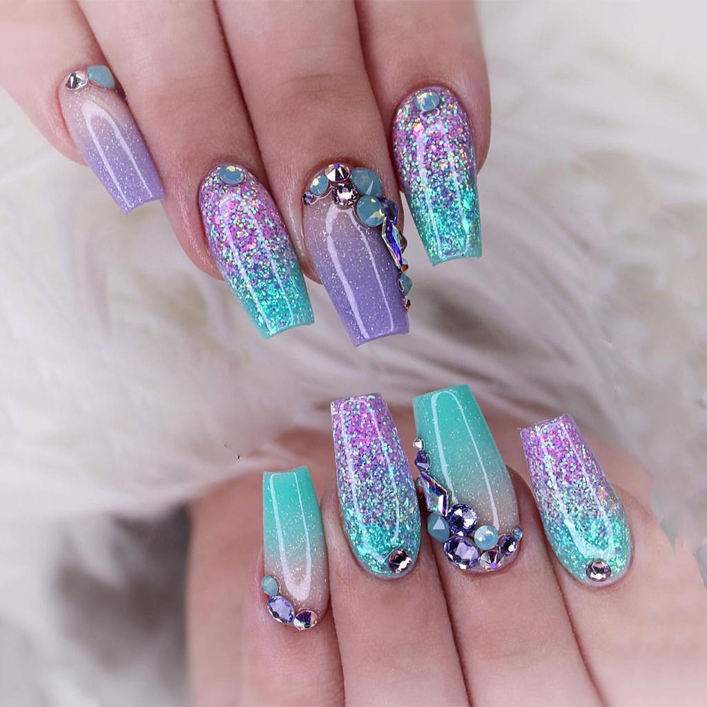 24 Pieces Wearing Nail Removable Nail Art Piece French Gradual Change Flash Diamond Fake Nail Nail Nail Art Sticker