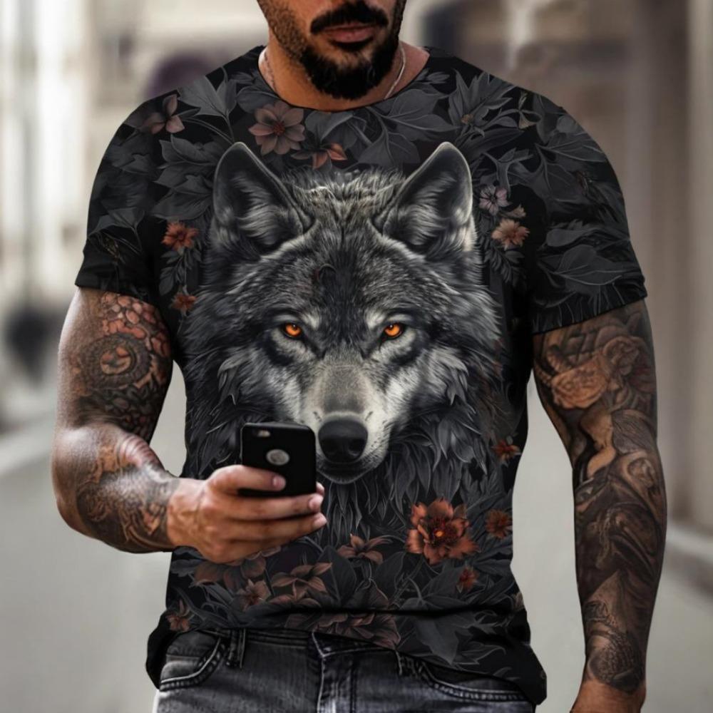 Men's T-shirt Outdoor Breathable Round Neck Top Summer Short Sleeve Wolf Print 3D Pattern Large Loose Men's Clothing
