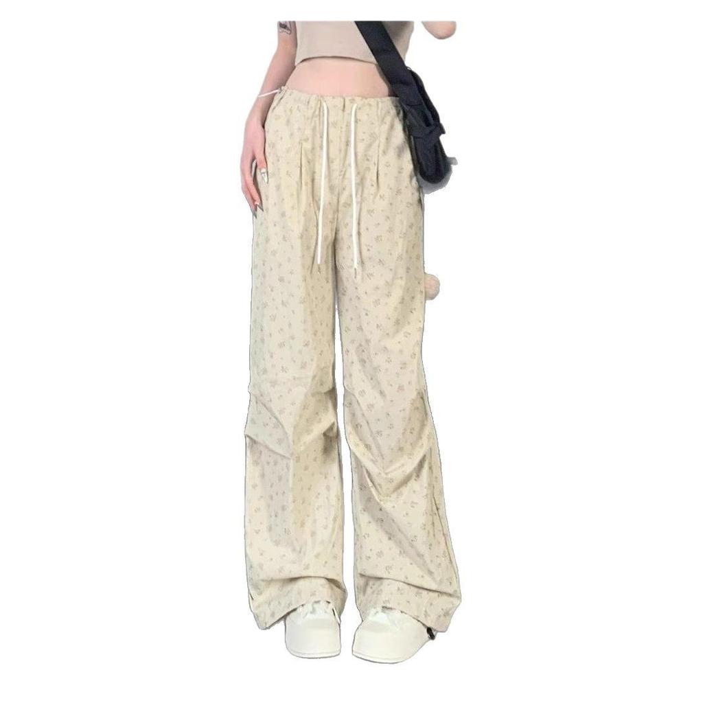 Pantaloni Cargo Largi de Vară/Primăvară 2025 pentru Femei, din Mătase de Gheață Florală: Stil Sportiv Retro Lejer