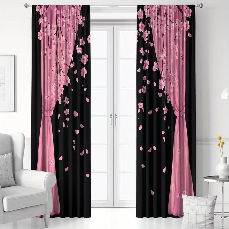 2 Pcs Pink Cherry Blossoms Print Curtains,suitable for Bedroom,living Room Kitchen Decoration,home Decoration,window Decoration
