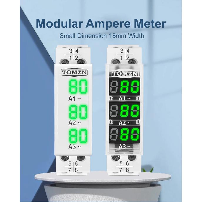 TOMZN DIN Rail 18mm Apmere Meter AC 100A 220V 380V Three Phase Modular Ammeter Indicator LED Digital Display Detector Witch CT