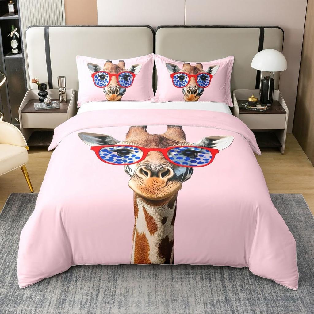 Funny Cute Giraffe Duvet Cover Boys Girls Single Size, Zoo Animal Bedding Set Hipster Style Comforter Cover Set and Pillowcases