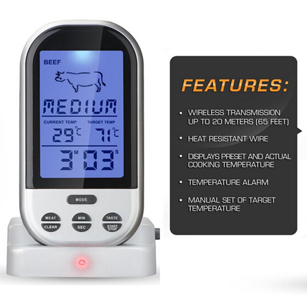 Trådlös Digital Mattermometer Timer Larm Kött Grilltermometer Sond Biff BBQ Temperaturmätare
