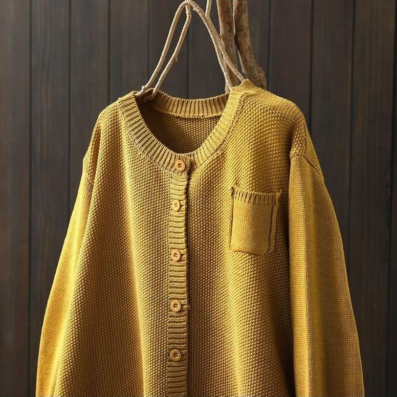 Strikket cardigan kåpe kvinner høst solid casual retro litteratur løs allsidig o hals langermet genser cardigan kåpe