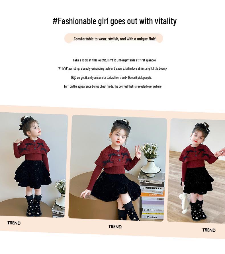 Girls' 2025 Autumn/Winter Knitted Cardigan and Velvet Skirt Set with Sweet Bow Cape