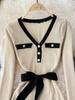 Autumn Elegant Knitting V-neck Long Sleeve Dress Women Fashion Retro Lace Up Bow Dresses Female France Warm Thin Slim Knit Dress New