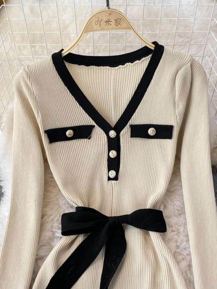 Autumn Elegant Knitting V-neck Long Sleeve Dress Women Fashion Retro Lace Up Bow Dresses Female France Warm Thin Slim Knit Dress New
