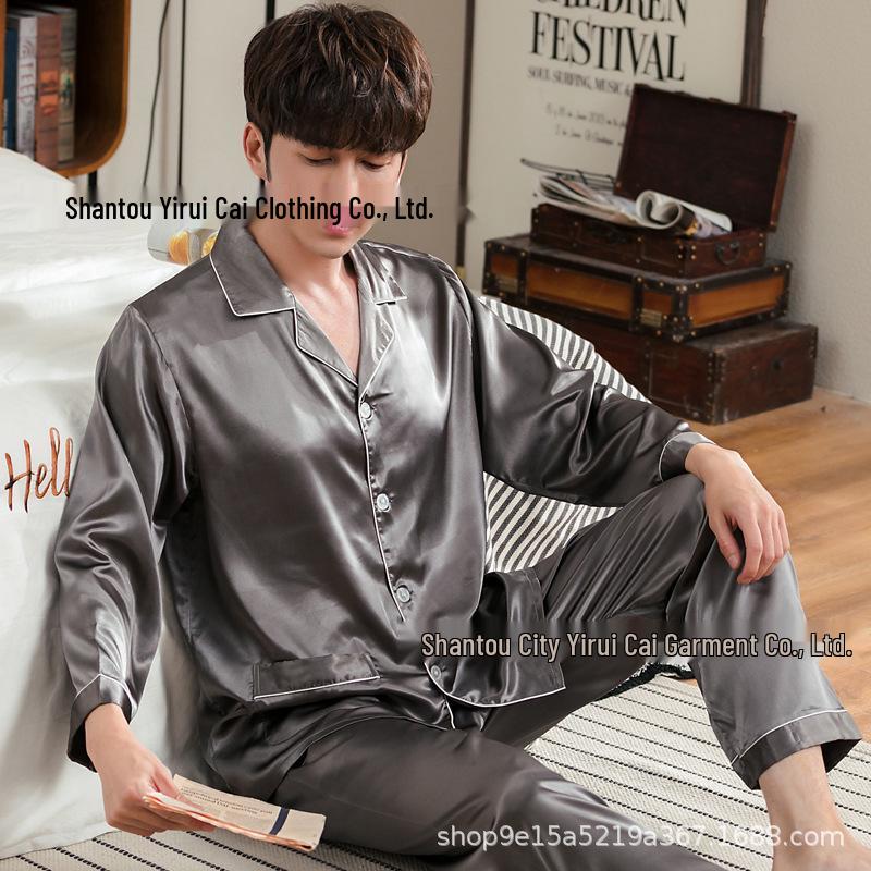 

Yirui Cai Men s Grey Lapel Ice Silk Pajamas Set - Long Sleeve, Lightweight, Plus Size Sleepwear Double Extra Large