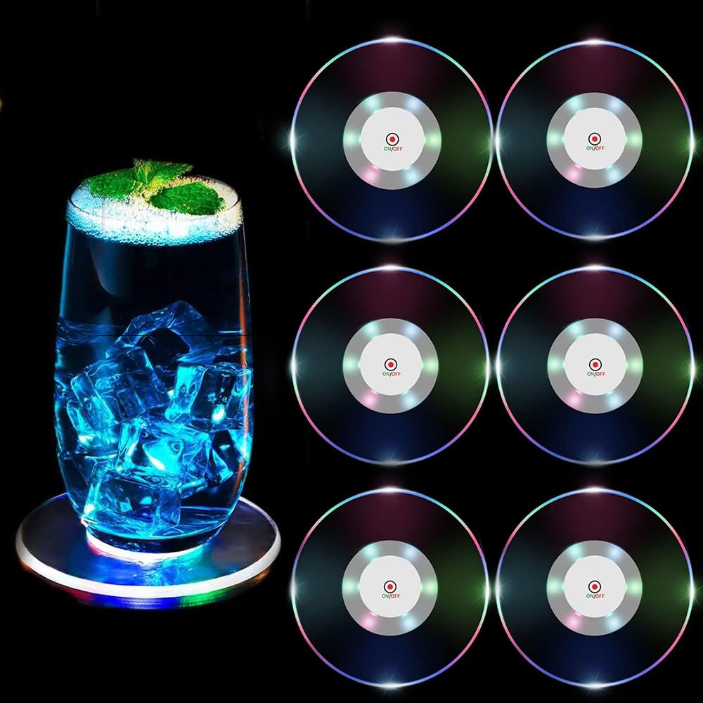 

Светодиодная подсветка Стекло 3 режима освещения Сенсорное управление Идеально для и Набор из 6 подставок, ковриков, Работает от батареек, Режимы, Переключатель, Водонепроницаемый, Тонкий, Вечеринки, Клубы,