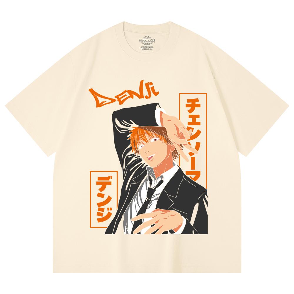 230 г/м² 100% хлопок Человек-бензопила V56 Принт Де́ндзи Унисекс Тяжелая хлопковая футболка XS абрикосовый